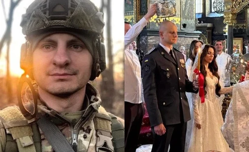 Євген Карась у військовій формі та Катерина Шведенко у білій мереживній сукні з довгою фатою під час церемонії вінчання